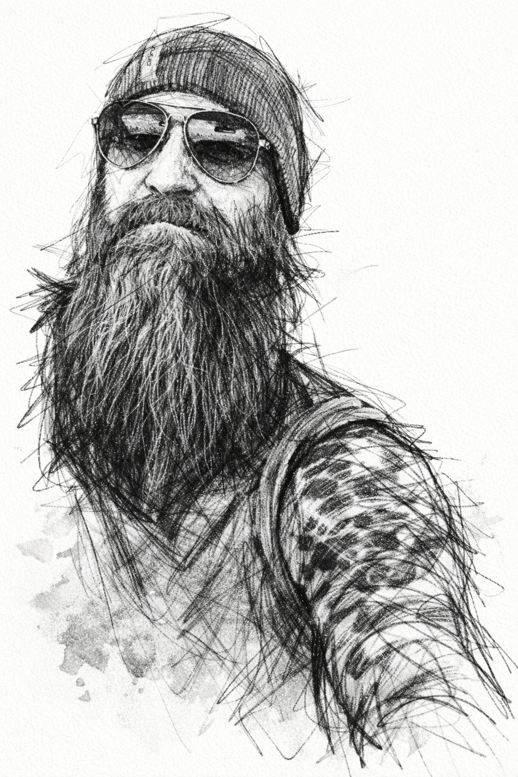Black-and-white illustrated author portrait